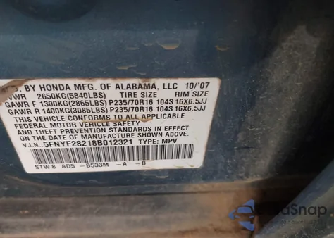 2008 Honda Pilot Vp z USA, uszkodzony, nr VIN 5FNYF28218B012321
